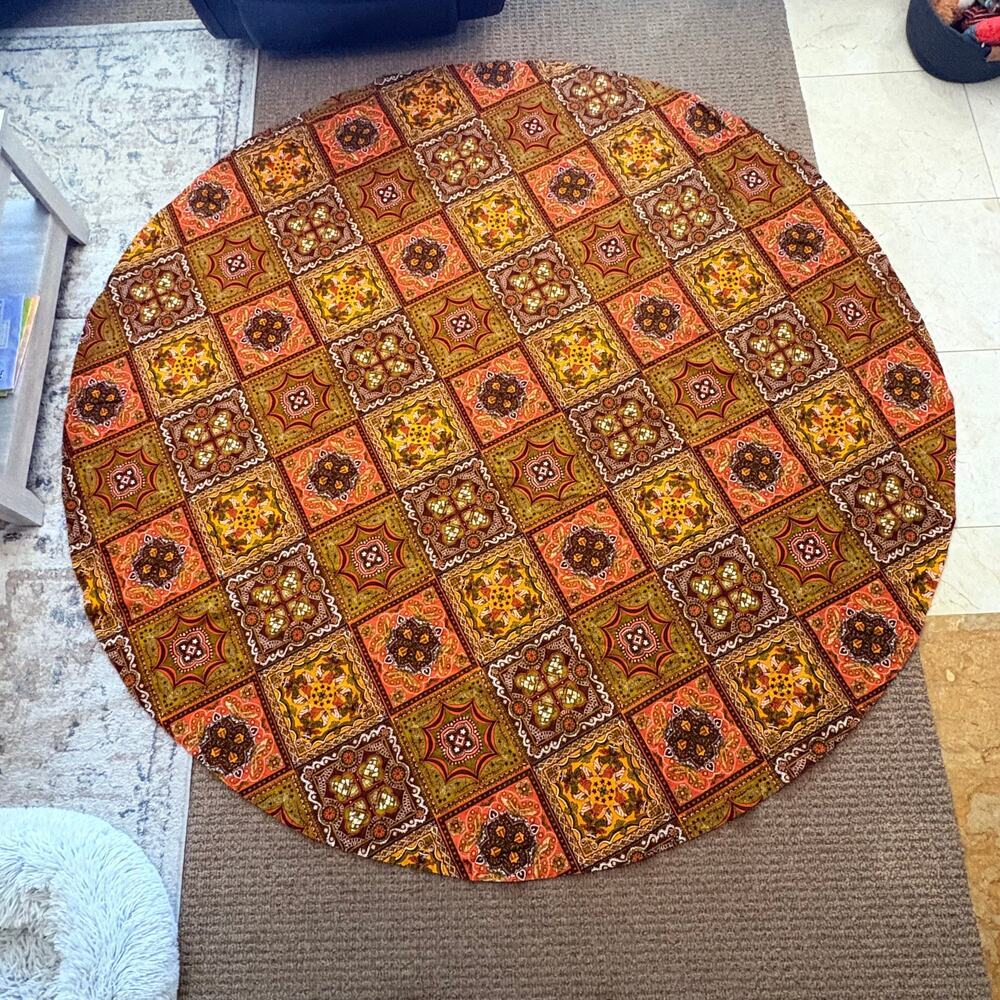 Handmade Vintage 1970s 86" Round Tablecloth Patriotic Americana Ships Eagles